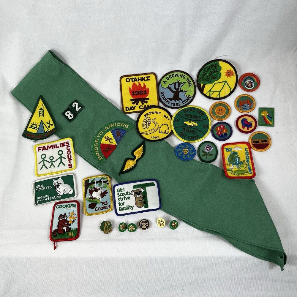 VTG Girl Scouts Sash Badges Pins 80s Collection Camp Cookie Brownie Junior